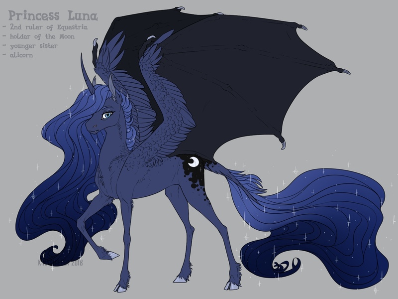 Size: 1280x960 | Tagged: safe, artist:dementra369, derpibooru import, princess luna, alicorn, pony, cloven hooves, curved horn, fangs, female, horn, hybrid wings, leonine tail, mare, raised hoof, simple background, solo, spread wings, wings