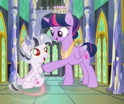 Size: 1024x863 | Tagged: safe, artist:beikiart, derpibooru import, twilight sparkle, twilight sparkle (alicorn), oc, alicorn, draconequus, hybrid, pony, crown, draconequus oc, female, folded wings, horn, horns, interspecies offspring, jewelry, leonine tail, mother and child, mother and daughter, next generation, offspring, parent:discord, parent:twilight sparkle, parents:discolight, peytral, regalia, wings