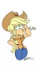 Size: 817x1600 | Tagged: applejack, artist:jmdoodle, colored, cowboy hat, derpibooru import, food, green eyes, hat, human, humanized, safe, straw in mouth, wheat