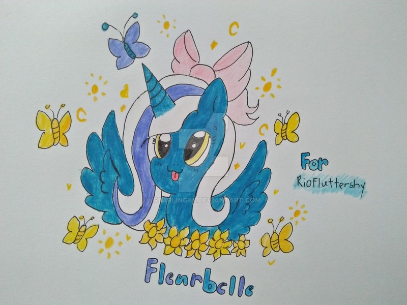 Size: 1280x960 | Tagged: safe, artist:starling88, derpibooru import, oc, oc:fleurbelle, unofficial characters only, alicorn, butterfly, pony, alicorn oc, bow, female, flower, hair bow, heart, horn, obtrusive watermark, solo, tongue out, traditional art, watermark, wings