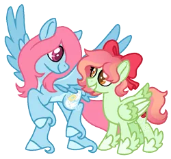 Size: 791x734 | Tagged: safe, artist:sandwichbuns, derpibooru import, oc, oc:gale wings, oc:ladybird, unofficial characters only, pegasus, pony, bow, female, hair bow, magical lesbian spawn, mare, offspring, parent:fluttershy, parent:rainbow dash, parents:flutterdash, siblings, simple background, sisters, tail bow, transparent background