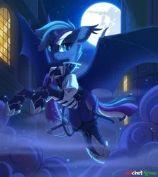 Size: 1300x1456 | Tagged: safe, artist:redchetgreen, derpibooru import, oc, oc:midnight hope, unofficial characters only, alicorn, bat pony, bat pony alicorn, pony, armor, backlighting, bat pony oc, bat wings, broken horn, clothes, commission, cute, cute little fangs, ear fluff, eye scar, fangs, female, flying, full moon, horn, looking at you, mare, mare in the moon, mist, moon, night, night sky, scar, sky, slit eyes, smiling, solo, spread wings, starry eyes, urban, window, wing claws, wingding eyes, wings, ych result