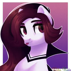 Size: 3000x3000 | Tagged: safe, artist:nika-rain, derpibooru import, oc, unofficial characters only, earth pony, pony, abstract background, ambiguous gender, brown eyes, brown hair, bust, cape, clothes, commission, cute, cute little fangs, eyeshadow, fangs, lightly watermarked, makeup, partial background, portrait, simple background, solo, tongue out, transparent background, watermark