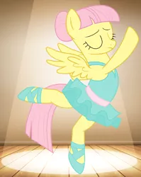 Size: 862x1082 | Tagged: safe, artist:xxcisfriendoxx, derpibooru import, fluttershy, pegasus, pony, alternate hairstyle, ballerina, ballet, ballet slippers, clothes, eyes closed, flutterina, on one hoof, on one leg, spotlight, tutu