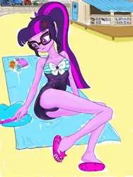 Size: 1668x2224 | Tagged: safe, artist:xjleiu, derpibooru import, sci-twi, twilight sparkle, equestria girls, equestria girls series, beach, bow swimsuit, car, clothes, feet, female, flip-flops, glasses, hairpin, hat, ocean, one-piece swimsuit, ponytail, sand, sandals, sleeveless, solo, striped swimsuit, swimsuit, towel, water bottle