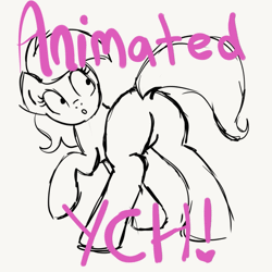 Size: 849x849 | Tagged: safe, artist:lannielona, derpibooru import, pony, advertisement, animated, awkward, butt, caption, commission, dock, featureless crotch, gif, gif with captions, looking at you, plot, raised hoof, raised tail, shocked, sketch, solo, surprised, tail, your character here