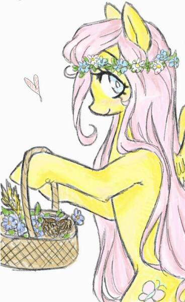 Size: 966x1574 | Tagged: safe, artist:abbykaskaya, derpibooru import, fluttershy, pegasus, pony, basket, basket of flowers, bipedal, female, floral head wreath, flower, heart, hoof hold, looking at you, looking sideways, mare, profile, simple background, smiling, solo, white background, wings