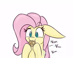 Size: 1000x800 | Tagged: safe, artist:heir-of-rick, derpibooru import, fluttershy, pegasus, pony, bust, cute, eating, female, floppy ears, food, hoof hold, mare, nom, pretzel, shyabetes, simple background, solo, white background