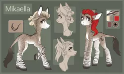 Size: 3041x1809 | Tagged: alternate hairstyle, artist:koviry, branding, derpibooru import, donkey, fallout equestria, fallout equestria: of shadows, female, hybrid, long ears, oc, oc:mikaella, reference sheet, safe, solo, unofficial characters only, zebra, zebroid, zonkey