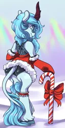 Size: 1004x1974 | Tagged: suggestive, artist:breioom, artist:cloureed, derpibooru import, oc, oc:frost flare, kirin, bipedal, bow, candy, candy cane, christmas, christmas outfit, clothes, cloven hooves, food, garter, holiday, hoof fluff, kirin oc, looking back, panties, simple background, socks, stockings, thigh highs, underwear