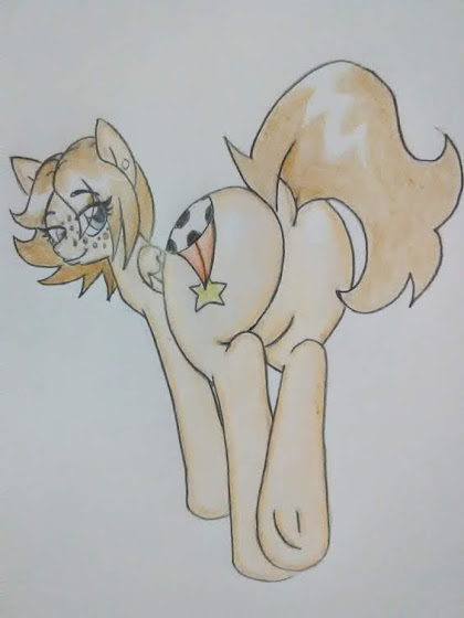 Size: 420x560 | Tagged: suggestive, artist:paper view of butts, derpibooru import, oc, oc:skecher haret, unofficial characters only, pegasus, pony, butt, colored, cutie mark, ear piercing, earring, female, football, freckles, jewelry, looking at you, mare, piercing, plot, solo, solo female, sports, stars, traditional art, wings