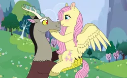 Size: 1440x886 | Tagged: safe, artist:69beas, derpibooru import, discord, fluttershy, draconequus, pegasus, pony, blushing, cute, discoshy, discute, eye contact, female, holding a pony, looking at each other, male, nuzzling, profile, shipping, shyabetes, smiling, spread wings, straight, wings