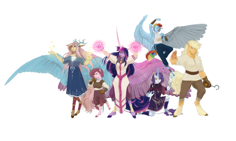 Size: 1155x691 | Tagged: safe, artist:penrosa, derpibooru import, applejack, fluttershy, pinkie pie, rainbow dash, rarity, twilight sparkle, twilight sparkle (alicorn), alicorn, anthro, draconequus, earth pony, pegasus, unguligrade anthro, unicorn, fanfic:my little pony: the unexpected future, amputee, armpits, artificial wings, augmented, draconequified, eye scar, female, flutterequus, hook, hook hand, leonine tail, magic, mane six, mechanical wing, missing eye, missing limb, prosthetic limb, prosthetic wing, prosthetics, scar, size difference, species swap, stump, wings