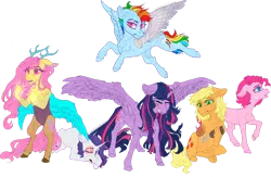 Size: 1600x1041 | Tagged: safe, artist:castaspellliana, derpibooru import, applejack, fluttershy, pinkie pie, rainbow dash, rarity, twilight sparkle, twilight sparkle (alicorn), alicorn, draconequus, earth pony, pegasus, pony, unicorn, fanfic:my little pony: the unexpected future, amputee, artificial wings, augmented, crying, draconequified, eye scar, female, flutterequus, hook, magic, mare, mechanical wing, missing eye, missing limb, prosthetic limb, prosthetic wing, prosthetics, sad, scar, species swap, stump, wings