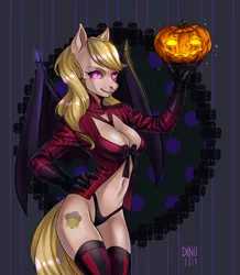Size: 1903x2178 | Tagged: suggestive, artist:fuckingdinosaur, derpibooru import, oc, oc:storm shield, unofficial characters only, anthro, bat pony, anthro oc, bat pony oc, bat wings, belly button, black underwear, breasts, cleavage, clothes, female, gloves, jacket, mare, midriff, panties, socks, solo, solo female, stockings, thigh highs, thong, underwear, wings