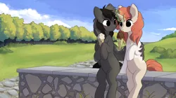 Size: 1280x715 | Tagged: safe, artist:sevedie, derpibooru import, oc, oc:ciri, oc:shadow, unofficial characters only, pegasus, pony, unicorn, blushing, cloud, cloudy, commission, duo, food, forest, hug, ice cream, implied shipping, licking, magic, tongue out