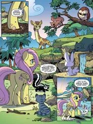 Size: 768x1024 | Tagged: safe, artist:pencils, derpibooru import, idw, angel bunny, clementine, fluttershy, bear, beaver, bird, cat, giraffe, owl, pegasus, pony, skunk, squirrel, spoiler:comic, spoiler:comic73, animal, butt, female, grass, mare, outdoors, plot, preview, water