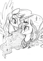 Size: 911x1280 | Tagged: safe, artist:dsp2003, artist:sibashen, derpibooru import, edit, princess celestia, princess luna, alicorn, pony, black and white, bust, duo, duo female, female, grayscale, monochrome, portrait, retouched, royal sisters, traditional art