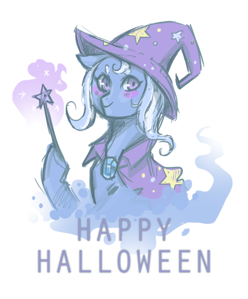 Size: 2480x2995 | Tagged: safe, artist:mscootaloo, derpibooru import, trixie, pony, unicorn, blushing, halloween, holiday, sketch, smiling, solo, wand