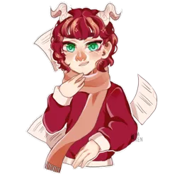 Size: 620x610 | Tagged: artist:laharen, clothes, derpibooru import, green eyes, horns, human, humanized, oc, oc:eri rebecula, red hair, safe, scarf, solo