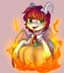 Size: 2125x2440 | Tagged: safe, artist:falafeljake, derpibooru import, oc, oc:eri rebecula, dracaven, dragon, original species, claws, commission, eye clipping through hair, fangs, fire, horns, necktie, pumpkin, solo, tongue out, wings, ych result