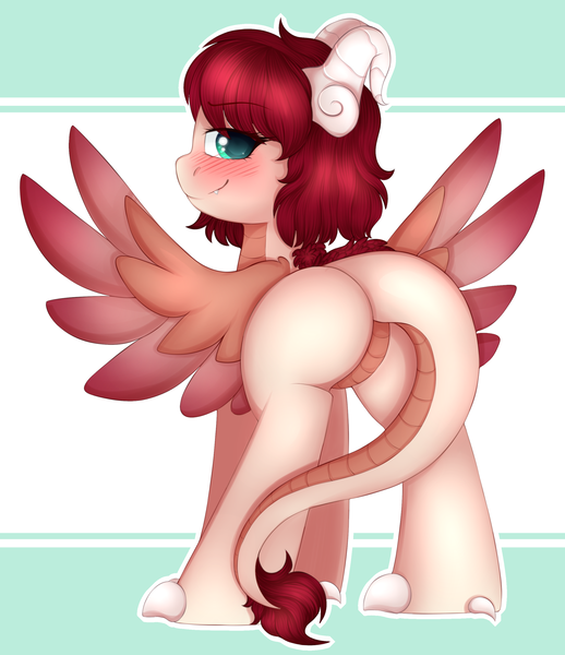 Size: 2445x2830 | Tagged: artist:php85, blushing, butt, claws, derpibooru import, dock, dracaven, dragon, dragon tail, female, green eyes, horns, looking at you, mare, oc, oc:eri rebecula, original species, plot, rear view, red hair, scales, smiling, smirk, solo, suggestive, tail, wings