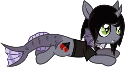 Size: 1589x854 | Tagged: safe, artist:lightningbolt, derpibooru import, ponified, ponified:kellin quinn, half-siren, hybrid, pony, .svg available, bring me the horizon, clothes, curved horn, eyeliner, fangs, fins, fish tail, hair over one eye, horn, jewelry, makeup, male, necklace, prone, scales, shirt, simple background, sleeping with sirens, slit eyes, smiling, solo, svg, t-shirt, transparent background, vector