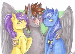 Size: 1407x1000 | Tagged: safe, artist:gree3, derpibooru import, oc, oc:glace, oc:luxor, oc:tulipan, hippogriff, pony, unicorn, blushing, hippogriffied, horn, looking at you, luxorian trio, side hug, species swap, traditional art, unicorn oc