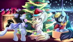 Size: 5679x3306 | Tagged: safe, artist:airiniblock, derpibooru import, oc, oc:aida, oc:andromeda galaktika, oc:mitzy, unofficial characters only, bat pony, pony, bat pony oc, bat wings, box, chest fluff, christmas, christmas tree, commission, ear fluff, female, fireplace, hat, holiday, mare, pony in a box, present, rcf community, santa hat, smiling, snow, snowfall, tree, window, wings