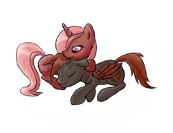 Size: 1300x1000 | Tagged: safe, artist:stridah, derpibooru import, oc, oc:cherry sundae, oc:crimson wings, pony, fallout equestria, fallout equestria: broken bonds, cuddling, fanfic art