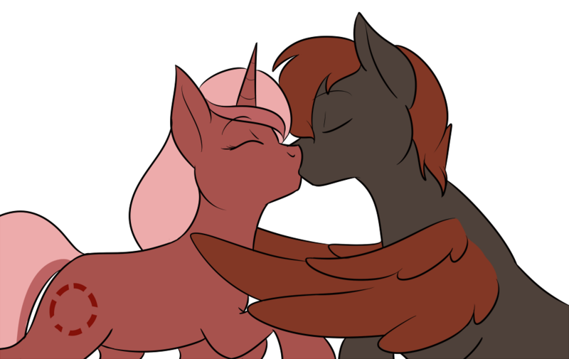 Size: 1000x631 | Tagged: safe, artist:kourabiedes, derpibooru import, oc, oc:cherry sundae, oc:crimson wings, pony, fallout equestria, fallout equestria: broken bonds, fanfic art, kissing