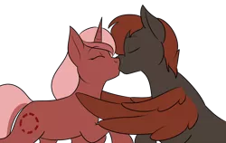 Size: 1000x631 | Tagged: safe, artist:kourabiedes, derpibooru import, oc, oc:cherry sundae, oc:crimson wings, pony, fallout equestria, fallout equestria: broken bonds, fanfic art, kissing