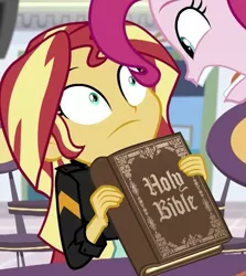 Size: 651x729 | Tagged: safe, derpibooru import, edit, edited screencap, screencap, pinkie pie, sunset shimmer, equestria girls, mirror magic, spoiler:eqg specials, /mlp/, bible, blackletter, book, christian sunset shimmer, christianity, cropped, meme, reaction image, religion