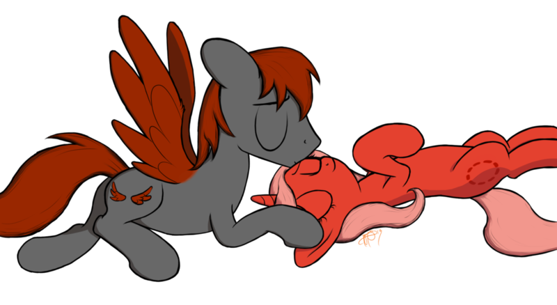 Size: 1024x560 | Tagged: safe, artist:brisineo, derpibooru import, oc, oc:cherry sundae, oc:crimson wings, pony, fallout equestria, fallout equestria: broken bonds, cuddling, fanfic art, kissing, simple background, transparent background