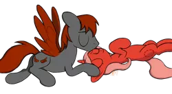 Size: 1024x560 | Tagged: safe, artist:brisineo, derpibooru import, oc, oc:cherry sundae, oc:crimson wings, pony, fallout equestria, fallout equestria: broken bonds, cuddling, fanfic art, kissing, simple background, transparent background