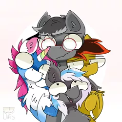 Size: 5120x5120 | Tagged: safe, artist:difis, derpibooru import, oc, unofficial characters only, earth pony, pegasus, pony, unicorn, absurd resolution, commission, digital art, ear fluff, female, glasses, looking at each other, mare, quarter, rainbow horn, simple background, watermark, wide eyes, ych result