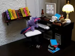 Size: 2000x1503 | Tagged: 4chan, alcohol, alicorn, artist:earthenhoof, artist:tinyequine, beer, book, bookshelf, chair, coffee, computer, derpibooru import, donut, food, irl, lamp, mini, photo, plushie, safe, solo, twilight sparkle, twilight sparkle (alicorn)