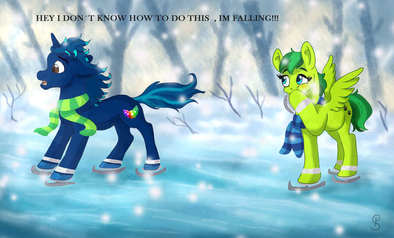 Size: 4097x2480 | Tagged: safe, artist:polainas, derpibooru import, oc, oc:aura skye, oc:evergreen feathersong, unofficial characters only, pegasus, pony, blushing, clothes, commission, dialogue, digital art, duo, everskye, female, high res, ice, ice skating, laughing, male, mare, scarf, signature, smiling, stallion, surprised, ych result