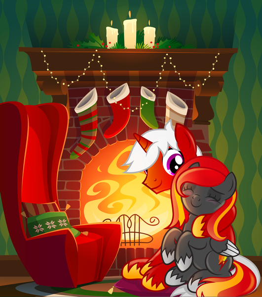 Size: 3500x3953 | Tagged: safe, artist:rish--loo, derpibooru import, oc, oc:flame runner, oc:sky blazer, unofficial characters only, pegasus, pony, unicorn, blanner, candle, christmas, christmas stocking, commission, couch, digital art, duo, eyes closed, female, fireplace, high res, holiday, male, mare, oc x oc, shipping, smiling, stallion, straight, ych result