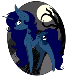 Size: 1977x2250 | Tagged: safe, artist:midnightamber, derpibooru import, oc, oc:midnight, unofficial characters only, alicorn, pony, alicorn oc, female, fence, horn, mare, moon, scary tree, side view, simple background, solo, style emulation, tim burton, tim burton style, transparent background, wings