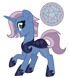 Size: 800x900 | Tagged: safe, artist:palerose522, derpibooru import, oc, oc:commander arcane, unofficial characters only, pony, unicorn, armor, clothes, eye scar, female, hoof shoes, magical lesbian spawn, mare, next generation, offspring, open mouth, parent:tempest shadow, parent:trixie, parents:tempestrix, raised hoof, scar, shoes, simple background, solo, transparent background
