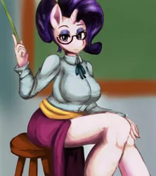 Size: 1600x1800 | Tagged: anthro, artist:kunshomo, big breasts, breasts, busty rarity, chalkboard, clothes, derpibooru import, female, glasses, looking at you, rarity, ruler, safe, schoolmarm rarity, shirt, skirt, skirt lift, solo