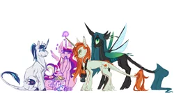 Size: 1879x1000 | Tagged: safe, artist:eqq_scremble, derpibooru import, crackle cosette, princess cadance, princess flurry heart, queen chrysalis, shining armor, whammy, alicorn, changeling, changeling queen, pony, unicorn, eqqverse, the mean 6, alternate design, camera, diaper, disguise, disguised changeling, family, female, foal, headcanon, heart eyes, heart tail, leonine tail, magic, male, mare, next generation, polyamory, ponytail, scar, stallion, wingding eyes