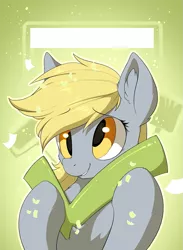 Size: 731x1000 | Tagged: safe, artist:hioshiru, derpibooru import, derpy hooves, pony, badge, bust, check mark, cheek fluff, chest fluff, cute, derpabetes, derpfest, ear fluff, portrait, smiling, solo