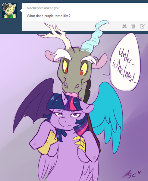 Size: 563x688 | Tagged: safe, artist:mlpfwb, derpibooru import, discord, twilight sparkle, twilight sparkle (alicorn), alicorn, pony, ask, duo, female, floppy ears, holding a pony, licking, mare, spread wings, tongue out, tumblr, twilight is not amused, unamused, wings