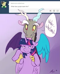 Size: 563x688 | Tagged: safe, artist:mlpfwb, derpibooru import, discord, twilight sparkle, twilight sparkle (alicorn), alicorn, pony, ask, duo, female, floppy ears, holding a pony, licking, mare, spread wings, tongue out, tumblr, twilight is not amused, unamused, wings