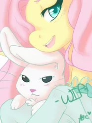 Size: 619x831 | Tagged: safe, artist:mlpfwb, derpibooru import, angel bunny, fluttershy, pegasus, pony, blushing, clothes, colored pupils, cute, duo, female, frilly socks, looking at you, mare, open mouth, shyabetes, smiling, socks, wip