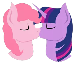 Size: 3000x2554 | Tagged: safe, artist:alltimemine, derpibooru import, pinkie pie, twilight sparkle, earth pony, pony, unicorn, bust, eyes closed, female, high res, horn, inkscape, kissing, lesbian, lineless, mare, pair, portrait, profile, shipping, simple background, smiling, transparent background, twinkie, vector