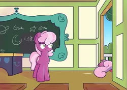 Size: 1811x1280 | Tagged: safe, artist:vaetan, derpibooru import, apple bloom, cheerilee, scootaloo, sweetie belle, pony, chalkboard, classroom, cutie mark crusaders, tail, unamused