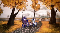 Size: 3010x1700 | Tagged: safe, artist:hagallaz, derpibooru import, oc, unofficial characters only, pegasus, pony, unicorn, :p, autumn, bridge, clothes, colt, commission, digital art, family, female, filly, high res, jewelry, male, mare, necklace, river, silly, socks, stallion, striped socks, thigh highs, tongue out, tree, trotting